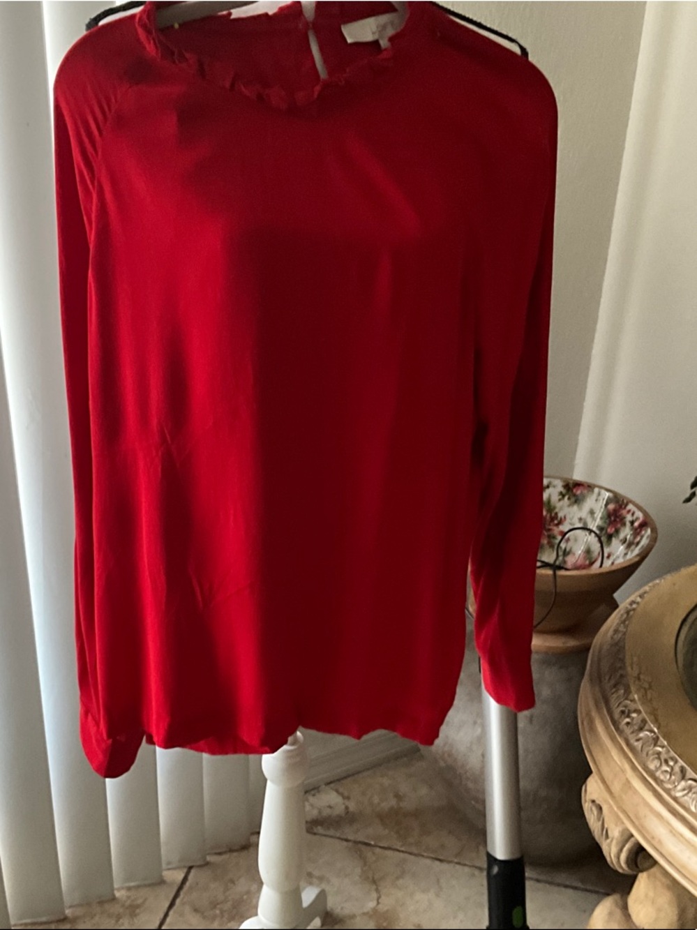LOFT Red Long-Sleeve Blouse with Subtle Keyhole